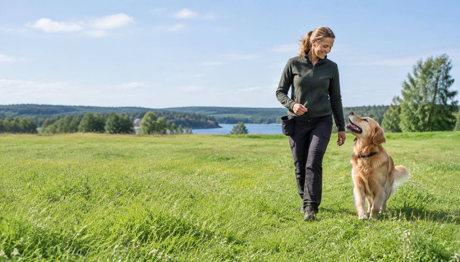 En hund och dess människa tillsammans i en grön park